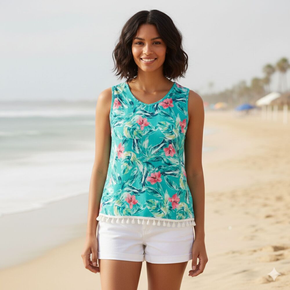 Pappagallo Tropical Floral Tank Top Size S Sleeveless Tassel Fringe Boho Beach